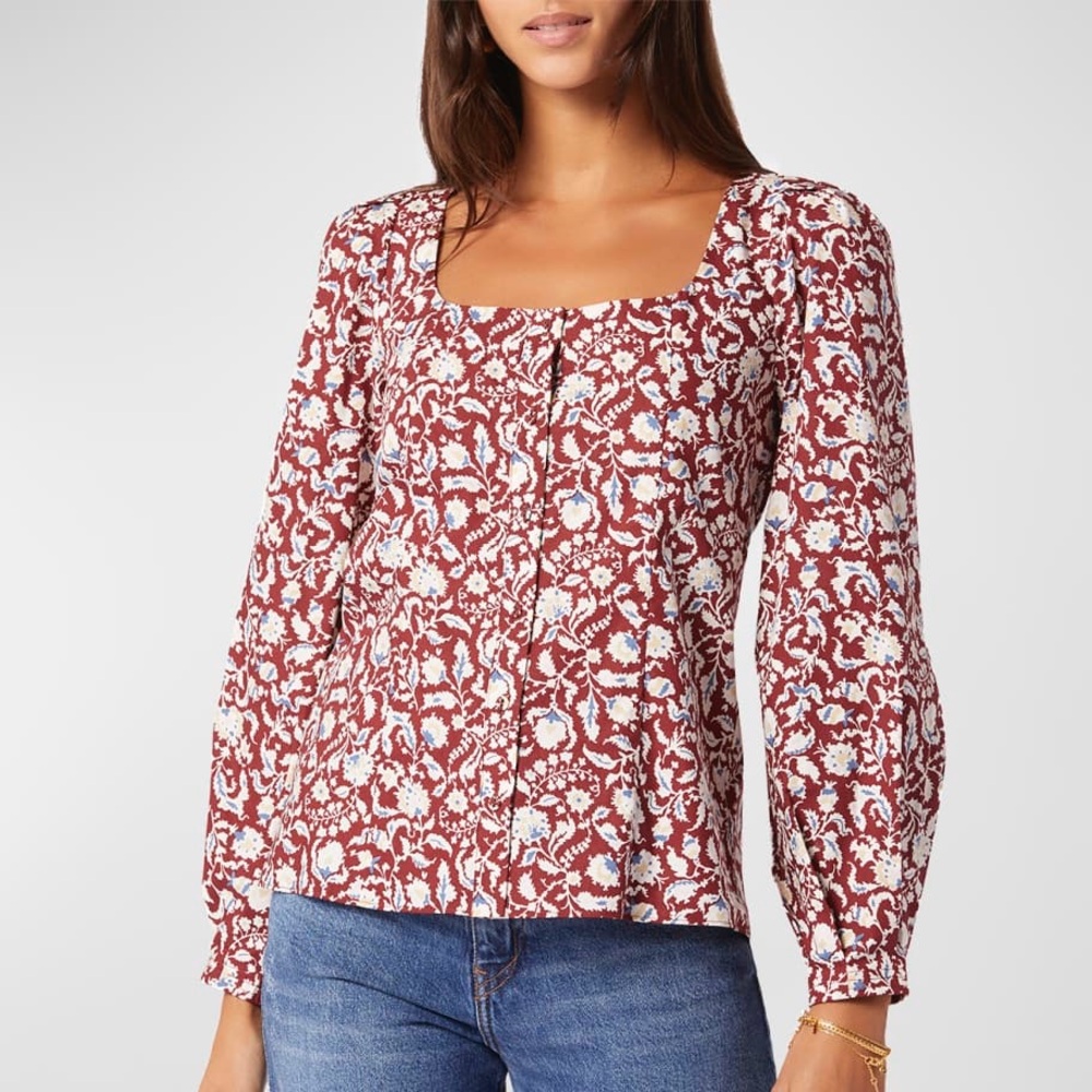 Rust Floral Square-Neck Long-Sleeve Top
